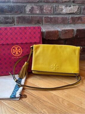 Tory Burch Yellow Leather Thea Foldover Crossbody Bag
